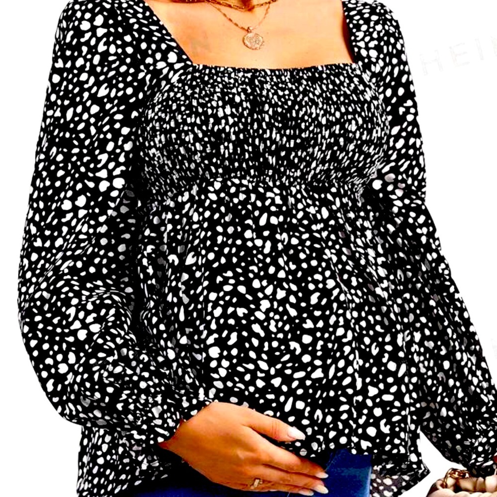 Maternity Allover Print Square Neck Flounce Sleeve Peplum Blouse - Picture 2 of 5
